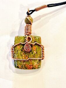 Oversized Unakite Crystal Wire Wrap Pendant Copper Wire Wrap Jewelry Necklace
