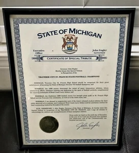 Gov. John Engler Signed tribute to Traverse City, MI St. Francis Football Team - Picture 1 of 5