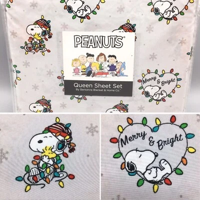 4pc Berkshire Peanuts Christmas Lights QUEEN Sheet Set Snoopy Woodstock Gray NEW - Image 1 of 4