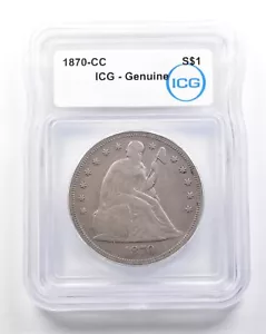 1870-CC Seated Liberty Silver Dollar Genuine ICG *7390 - Picture 1 of 3