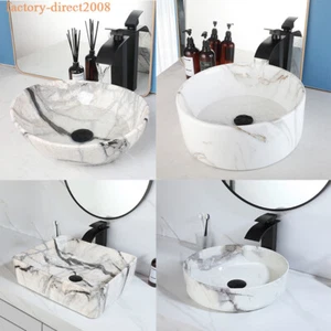 Fregadero de lavabo de baño de mármol blanco lavabo de cerámica fregaderos grifo mezclador negro - Imagen 1 de 38