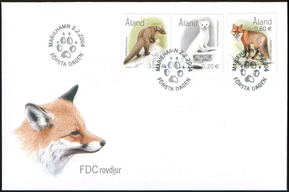Aland FDC 2004 Predators, Ermine, Red Fox, Pine Marten, Mint - Image 1 of 1