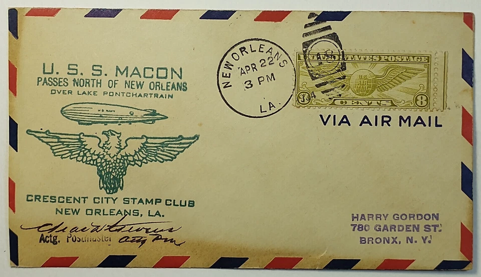 1934 U.S.S. Macon Passes Over Lake Pontchartrain New Orleans LA Airmail Cover - Image 1 of 2