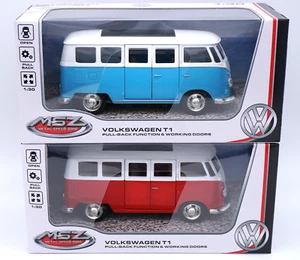Volkswagen Modellauto Modell Vw Auto Ovp Metall 1 30 Rot Blau Bully Multivan - Picture 1 of 9