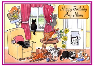 PERSONALISED CATS EVERYWHERE! FUNNY CARTOON BIRTHDAY/OTHER CARD FREE POST 1ST - Picture 1 of 2