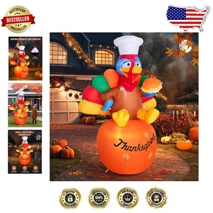 Brightly Lit 6 FT Turkey on Pumpkin - Perfect for Thanksgiving Outdoor Decor - Picture 1 of 10