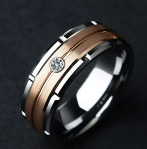 Men's Ring 2 tone inlay Titanium Wedding Fashion Band 8mm - Picture 1 of 6