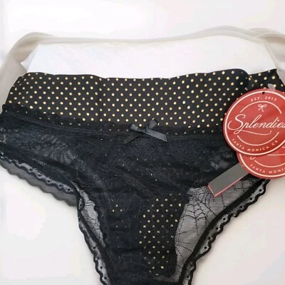 NWT Splendies 2 Pair Black Lace/Polka Dots Thong Panties Womens M  - Image 1 of 4