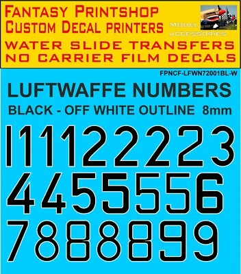 German  Luftwaffe Numbers BLACK - OFF WHITE OUTLINE 8mm FPNCF-LFWN72001BL-W 1/72 - Image 1 of 4