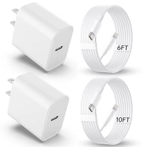 iPhone Charger Fast Charging MFi Certified 2Pack 20W PD USB Wall Charger 6&10FT - Picture 1 of 6