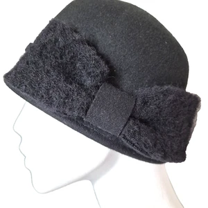 Hat Black Cloche 1920s Style Bow Wool Winter Cap Cute Headwear Milana Italy - Picture 1 of 7