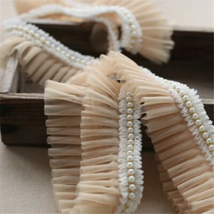 3 M Lace Beaded Ruffles Pleated Mesh Edging Faux Pearl Bead Trimming Frill Sew - Picture 1 of 25