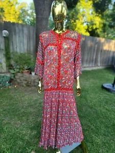 VINTAGE DIANE FRES DRESS Boho Floral Pleated Georgette Red Large - Picture 1 of 13