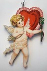CUPID w BOW & ARROW, RED & PINK HEART *  Glitter VALENTINE ORNAMENT Vtg Img