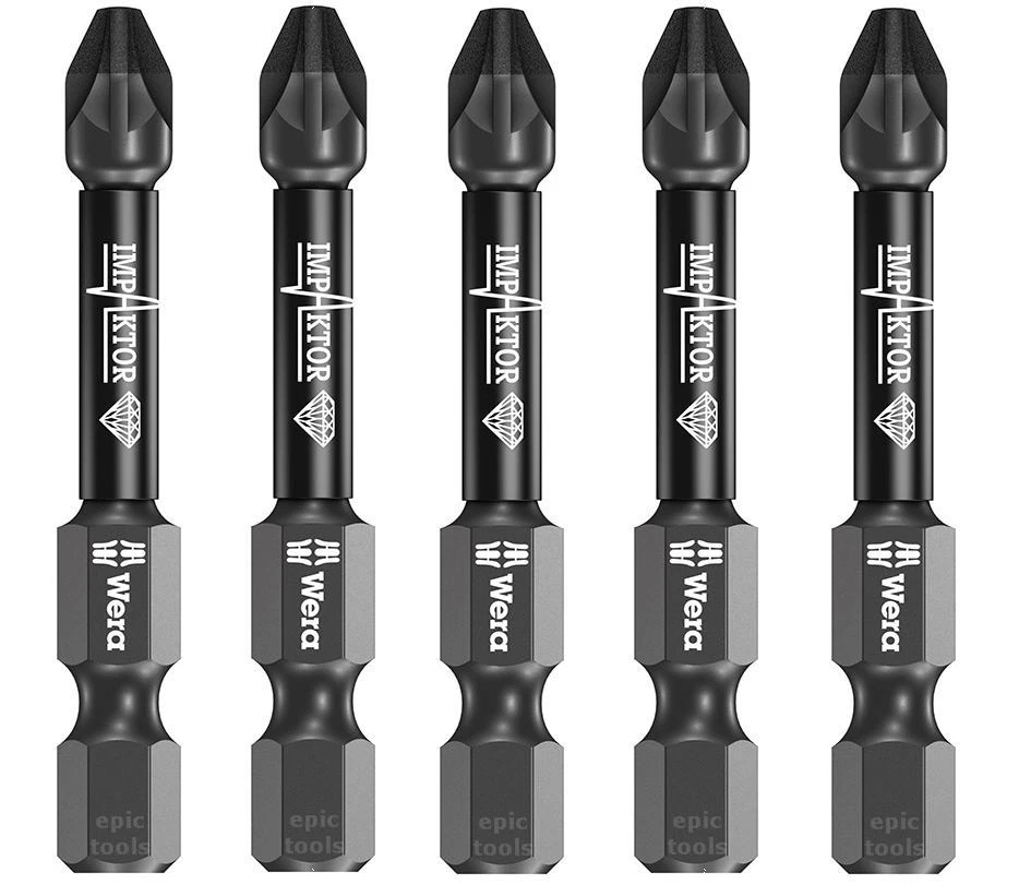 5 x Wera IMPAKTOR 50mm PZ2 Diamond Impact Driver Rated Screwdriver Bits, 057661