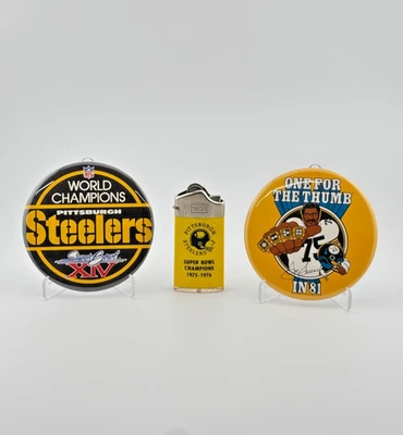 Lote De Colección Botones y Encendedor Pittsburgh Steelers Super Bowl (No Funcional) Foto 1 de 2