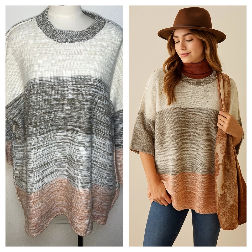 Easel Oversized Sweater Medium Colorblock Knit Pullover Beige Gray Peach Stripes - Image 1 of 4