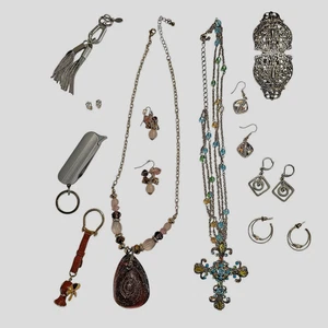 VTG Jewelery/ Junk Drawer Lot: Necklace Lighter Key Chain Earrings Barrette - Picture 1 of 24