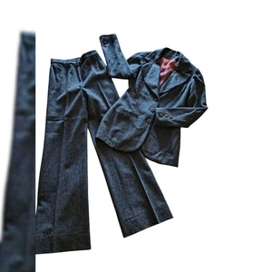 Vintage Retro 70s Ms Limited Grey Wool Lined Flare High Waist Pantsuit 5-6 XS - Picture 1 of 3