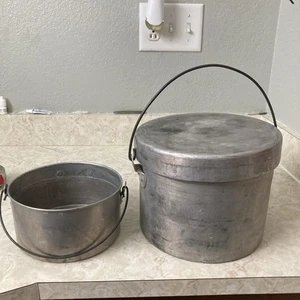 Set Of 2 Vintage Aluminum Camping Cooking Pot Bail Handle Water Bucket Soling - Picture 1 of 22