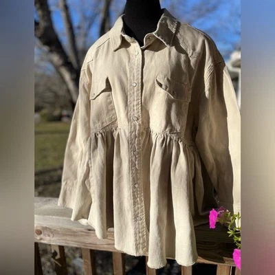 143 Story by Line Up Marie Chambray Beige Baby Doll Snap Button Shirt Jacket 2X - Image 1 of 4