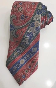 Sulka Necktie Paisley Floral Green & Blue On Red 100% Silk 3.25"x57" - Picture 1 of 12