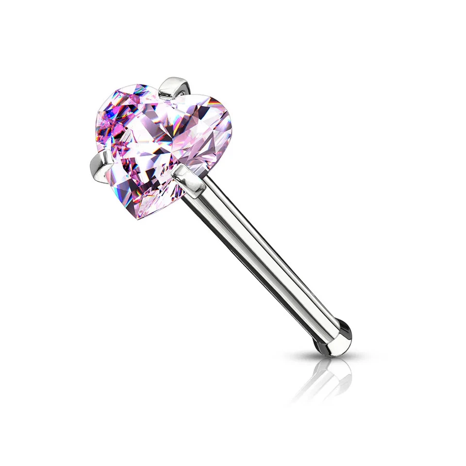 Piercing Nasale Asta Dritta Zircone Cuore Rosa - Immagine 1 di 1