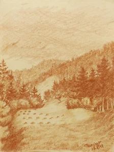 "Vogesen Paisaje Aspecto" Tiza Roja/Buntstift. Firmar DAT.M.HUNSINGER 22.8.46 - Imagen 1 de 2