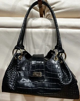 Isabella Adams Black Croc Leather Lg Satchel Shoulder Handbag Gold Pristine  17 - Image 1 of 4