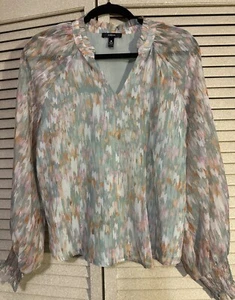 AQUA Women's Split Neck Blouse Top XS Multicolor Balloon Sleeve NWOT Green - Picture 1 of 8