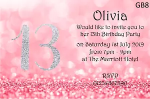 10 personalisierte Mädchen Glitzer Geburtstag Party Einladungen jedes Alter 13 16 Umschläge - Bild 1 von 24