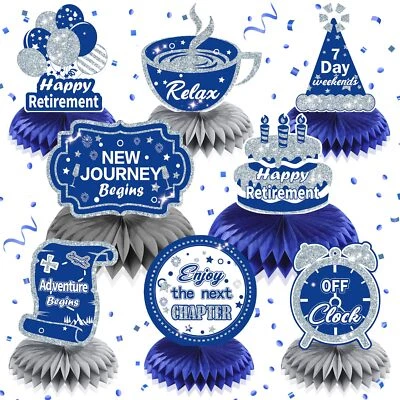 8Pcs Blue Retirement Decorations Navy Blue Silver Retirement Table Honeycomb ... - Image 1 of 4