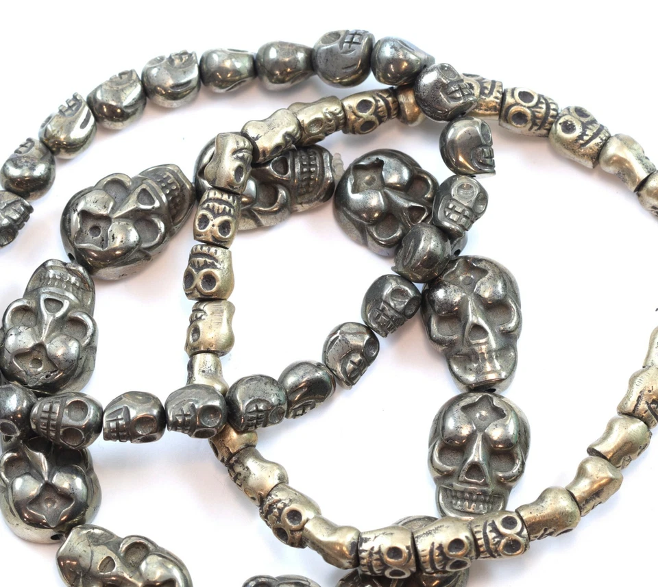 Pulsera Calavera Oro Natural Pirita Marcasita Calaveras Ajustable Madera Para Hombre 8" Foto 1 de 1