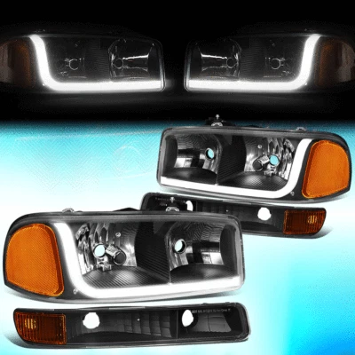 PARA 1999-2007 GMC SIERRA/YUKON LED DRL FAROL ÂMBAR PRETO + LÂMPADA DE SINALIZAÇÃO PARA-CHOQUES - Imagem 1 de 4