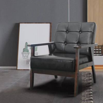 Lounge Sofa Recliner Chairs PU Wooden Armchair Couch Home Office Retro Black - Image 1 of 4