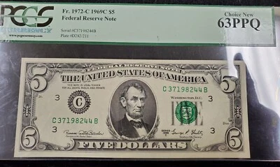 1969-C $5 Federal Reserve Note Fr. 1972-C PCGS 63 PPQ Choice New  - Image 1 of 2