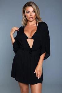 sexy BE WICKED plunging crinkle DRAPE sleeve BIKINI swimsuit COVER up MINI dress - Picture 1 of 7