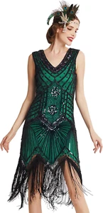 Women'S Flapper Dresses 1920S V Neck Beaded Fringed Great Gatsby Dress - Picture 1 of 12
