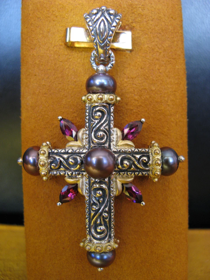 BARBARA BIXBY CROSS PEARL GARNET ENHANCER PENDANT DESIGNER Gift Christmas - Image 1 of 1