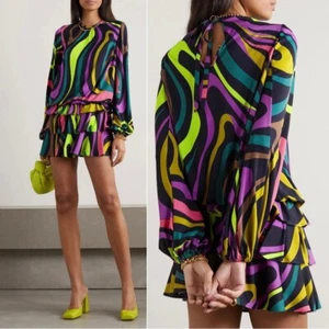 NWT EMILIO PUCCI Black Long Sleeve Multicolor Swirl Print Mini Dress Size EU42 - Picture 1 of 18