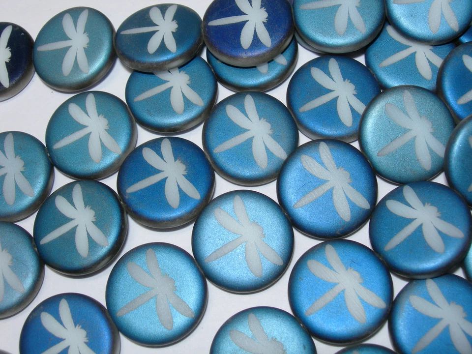 8 17mm Czech Glass Matte Dragonfly Coin Beads Blue on White - Image 1 of 1