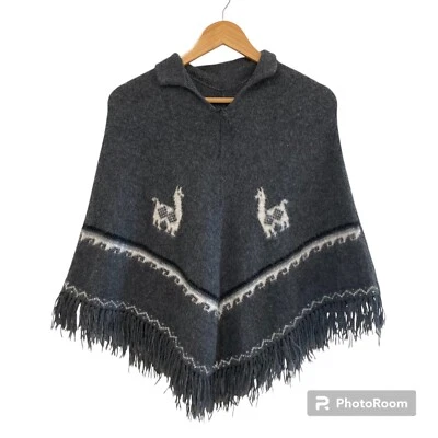 Vintage Alpaca Wool Cape Poncho Gray One Size Artisan Fringe - Image 1 of 4