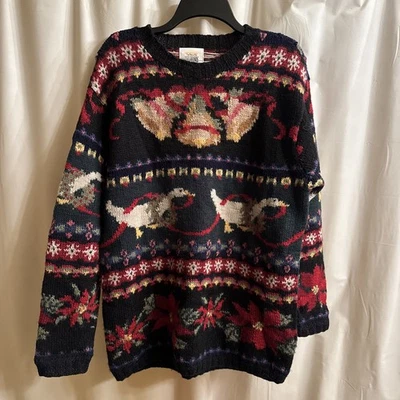 复古 Talbots 圣诞手工针织羊毛鹅毛衣 L 码 — 第 1/4 张图片