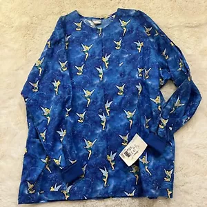 Disney Tinker Bell XL Scrub Jacket Blue Long Sleeve Button Closure Pockets New - Picture 1 of 4