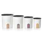 NEW TUPPERWARE ONE TOUCH REMINDER CANISTERS SET OF 4 w BLACK SEALS w/ TOPPER SET
