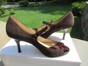 NIB Anne Klein Maoutofsite Dark Brown Suede & Patent Open Toed Heels- 7.5 M - Picture 1 of 12