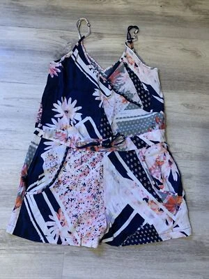 French Connection Women Size 4 Blue Tropical Print Spaghetti Strap Romper  - Image 1 of 4