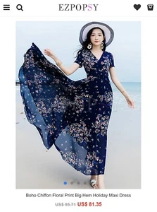 Ezpopsy Boho Chiffon Floral Print Big Hem Holiday Maxi Dress Size Large - Picture 1 of 4