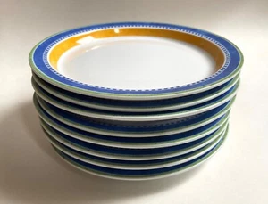 DANSK BISTRO KOBENHAVN SALAD LUNCH PLATES BLUE YELLOW RIM 9" LOT OF 8 - Picture 1 of 4