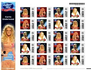 HOJA DE SELLO FOTOGRÁFICO DE ESTADOS UNIDOS AMERICAN IDOL NY EDICIÓN LIMITADA CARRIE UNDERWOOD 42 ¢ EE. UU. RARA - Imagen 1 de 1